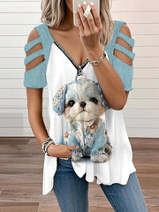 Damen-Hunde-T-Shirts mit Reiß verschluss V-Ausschnitt