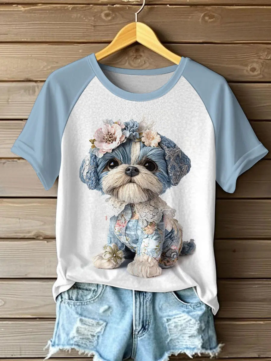Damen-Hunde-Print-Freizeit-T-Shirts