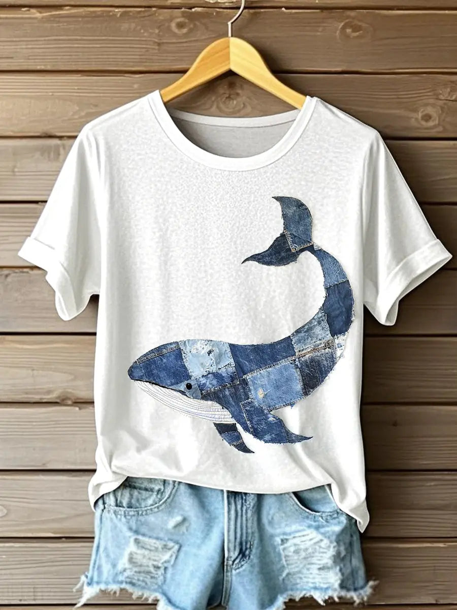 Frauen Wal muster Patchwork Kunst T-Shirt