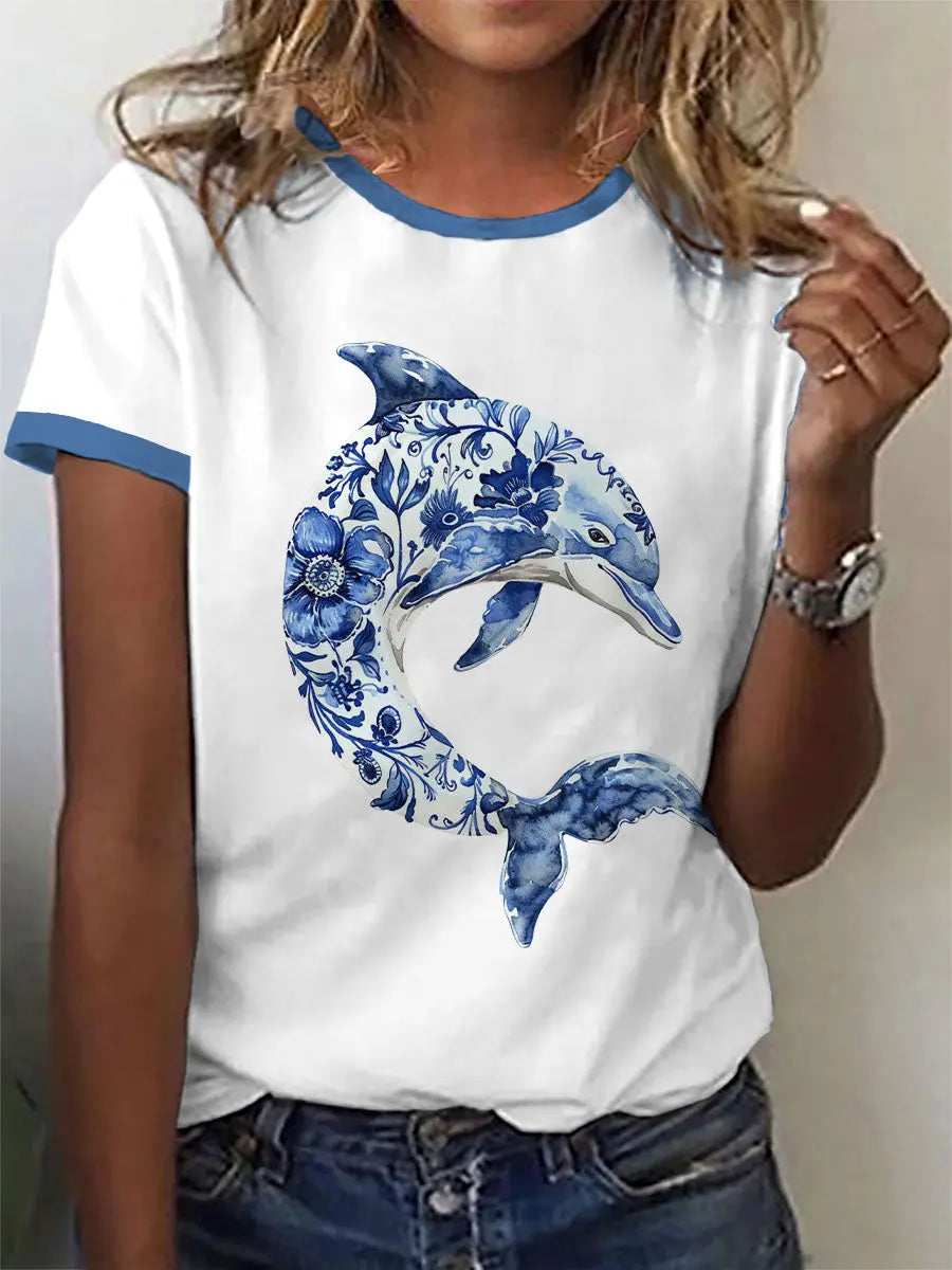 Damen-Blumen-Delphin-Print-T-Shirt