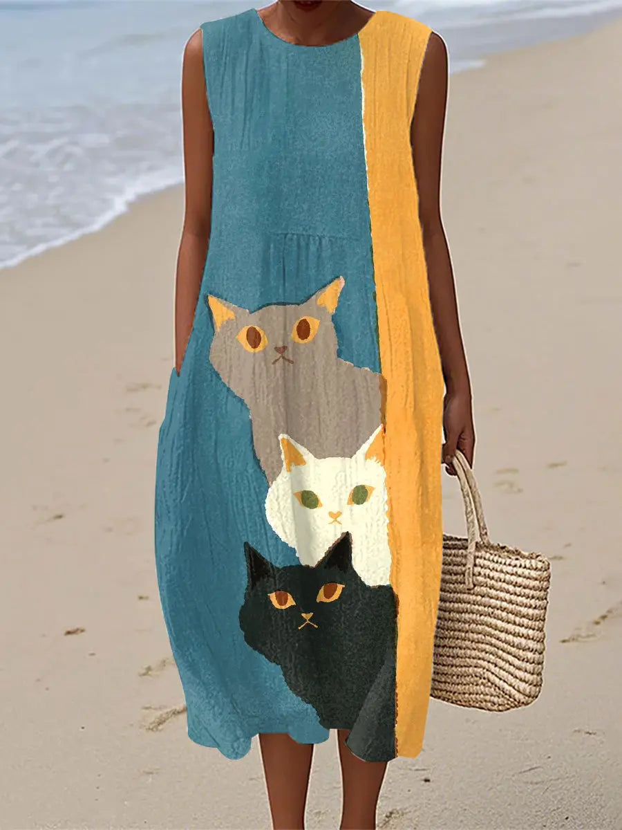 Frauen lustige Katzen Kunstdruck Leinen Vintage Kleid