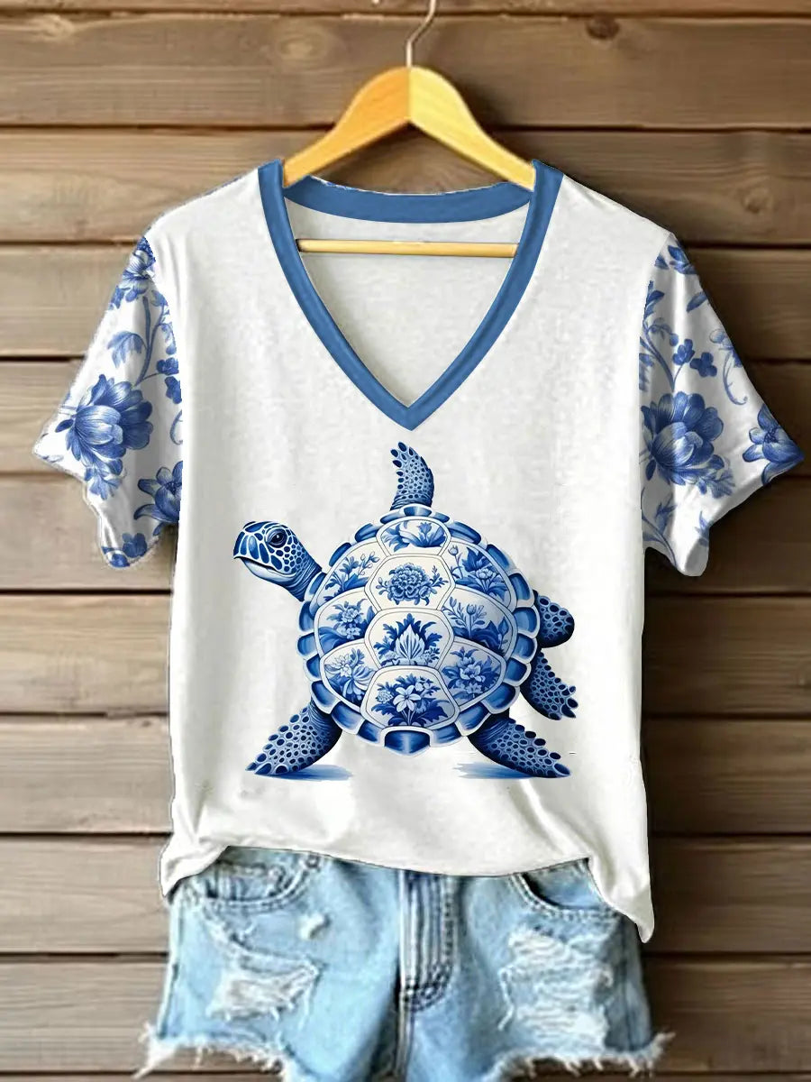Damen-Blumen schildkröten druck lässig T-Shirt