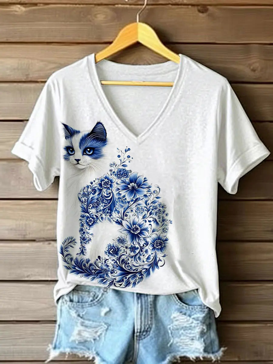 Damen-Katzen-Print-T-Shirt lässig