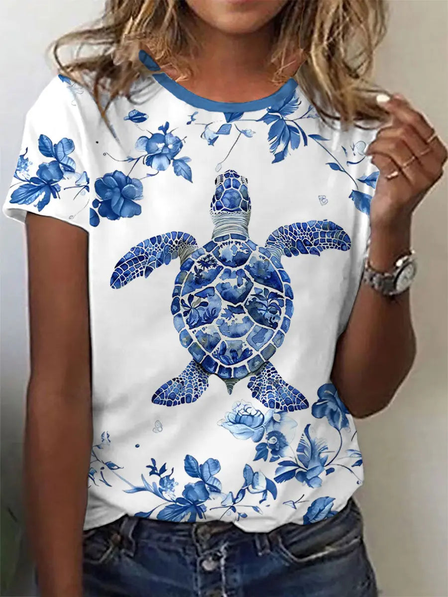 Damen-Blumen schildkröten druck lässig T-Shirt