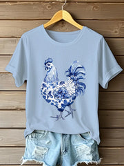 Damen-Blumen-Hähnchen-Print-T-Shirt