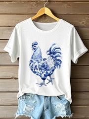 Damen-Blumen-Hähnchen-Print-T-Shirt