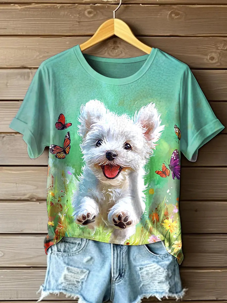 Niedliches Hunde ölgemälde Kunst Kurzarm T-Shirt für Frauen