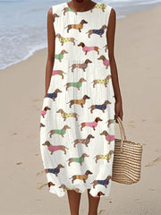 Damen Lustiges Dackel Kunstdruck Leinen kleid