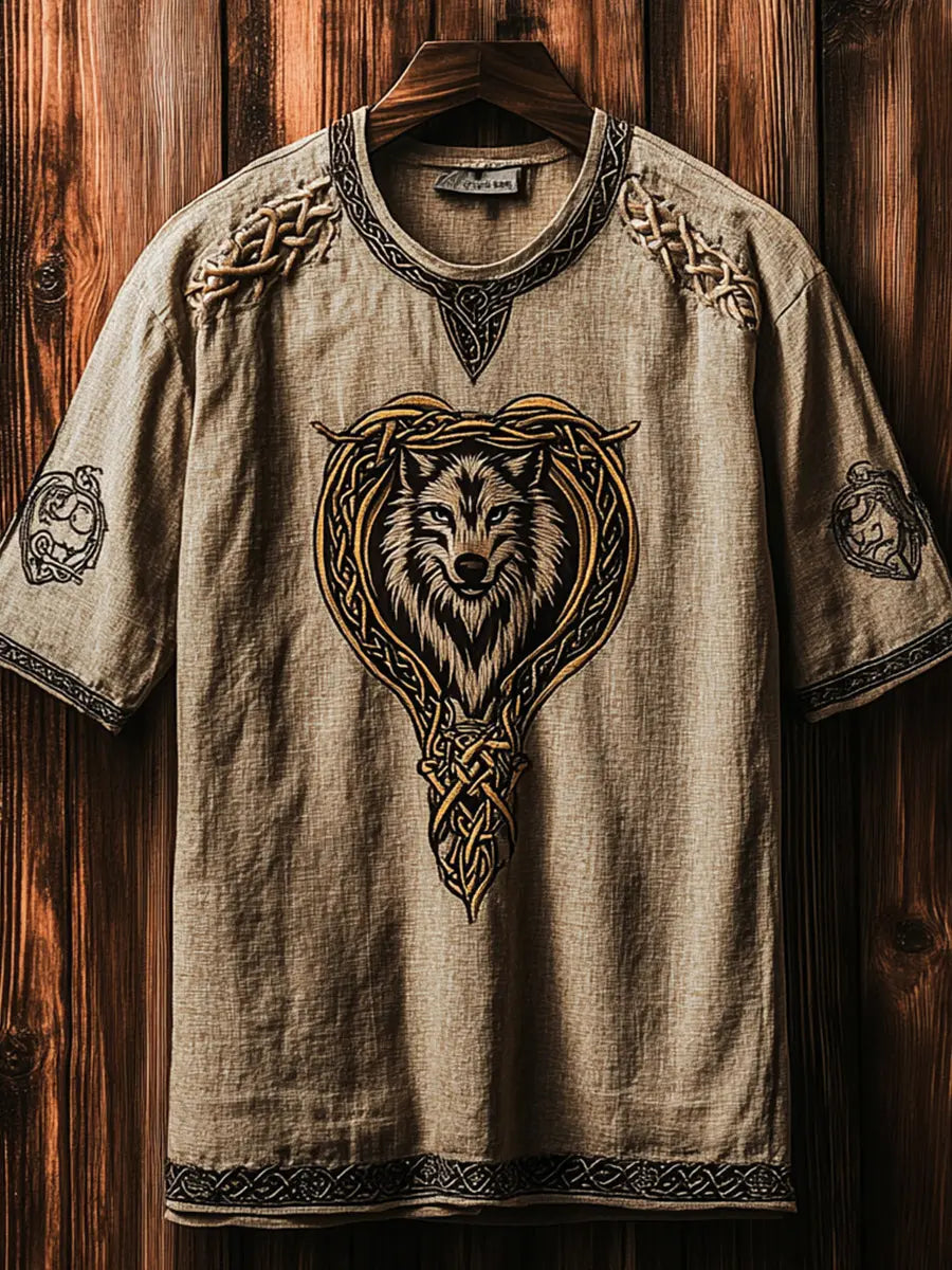 Kurzarm-T-Shirt aus Baumwolle und Leinen für Herren Viking Wolf Totem