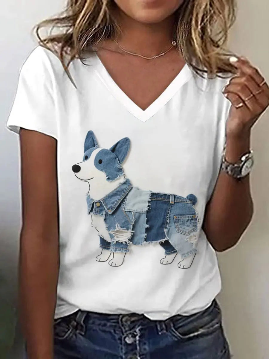 Frauen schöne Corgi Muster Patchwork Kunst T-Shirt