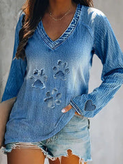 Damen Denim Pfote Langarm T-Shirt