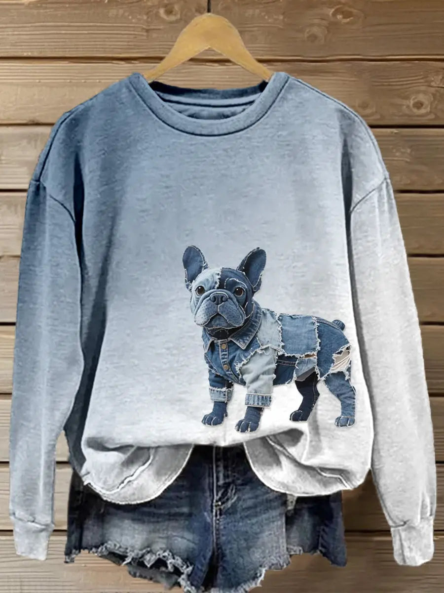 Damen schöne Bulldogge Patchwork Kunst Gradienten Sweatshirt