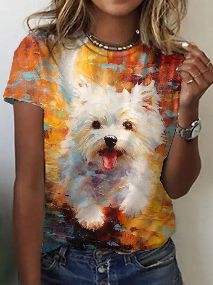 Frauen Hund Ölgemälde Kunstdruck Vintage T-Shirt