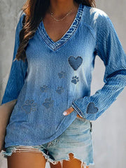 Damen Denim Pfote Langarm T-Shirt