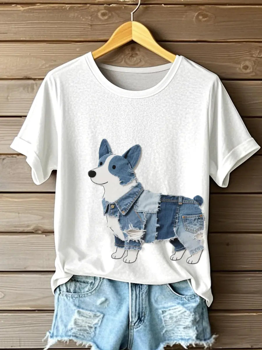 Frauen schöne Corgi Muster Patchwork Kunst T-Shirt