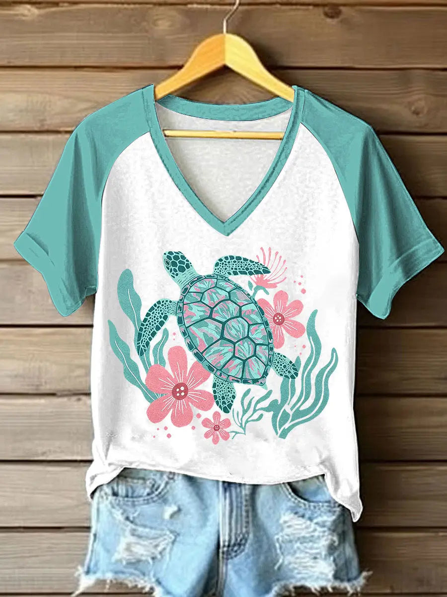 Bedrucktes T-Shirt mit V-Ausschnitt für Damen-Meeres schildkröte