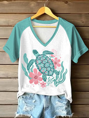 Bedrucktes T-Shirt mit V-Ausschnitt für Damen-Meeres schildkröte