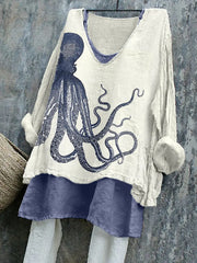 Damen Vintage Octopus Kunstdruck Leinen hemd