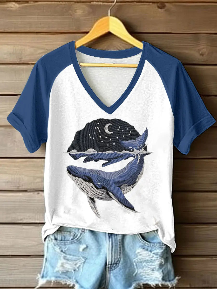 Damen-Seewal bedrucktes T-Shirt mit V-Ausschnitt