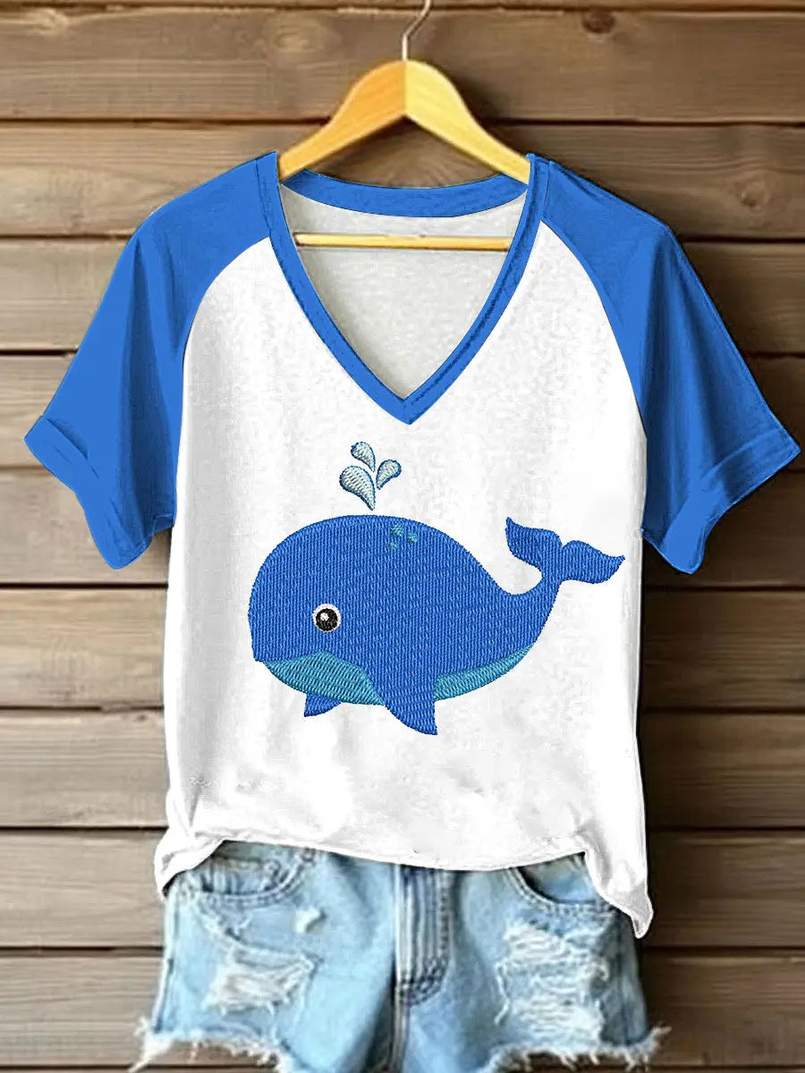 Damen-Seewal bedrucktes T-Shirt mit V-Ausschnitt