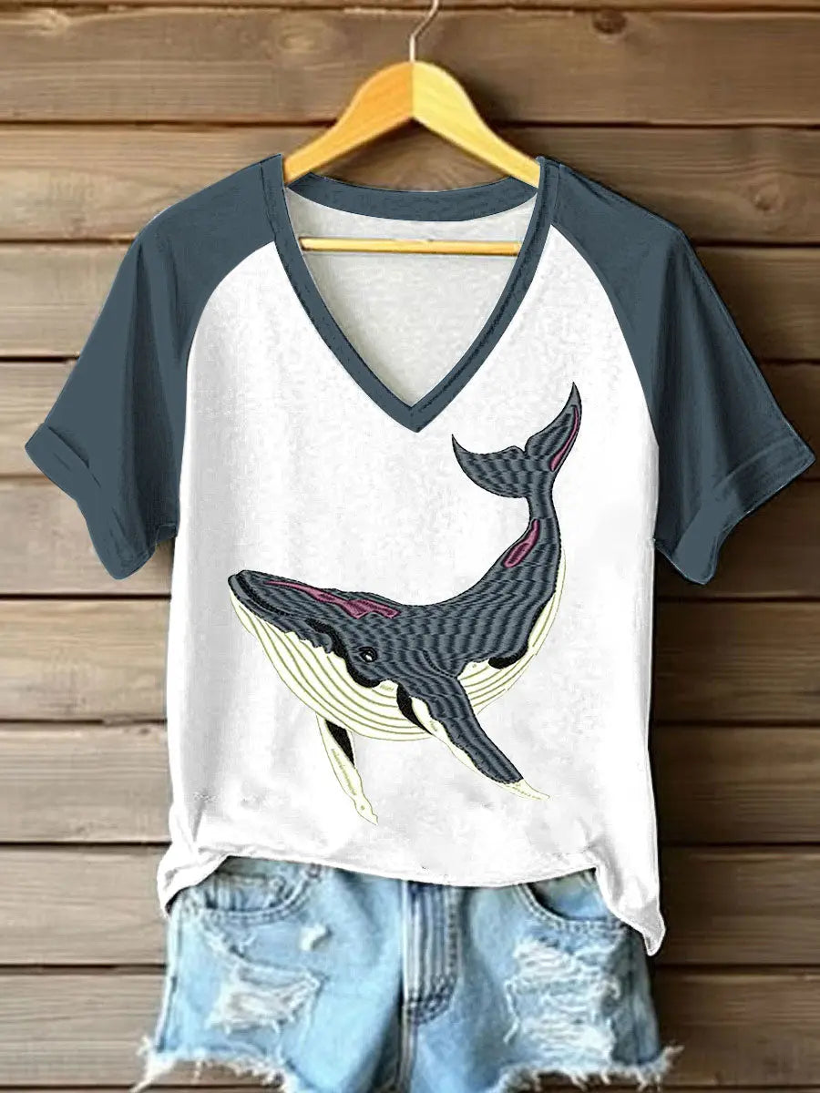 Damen-Seewal bedrucktes T-Shirt mit V-Ausschnitt