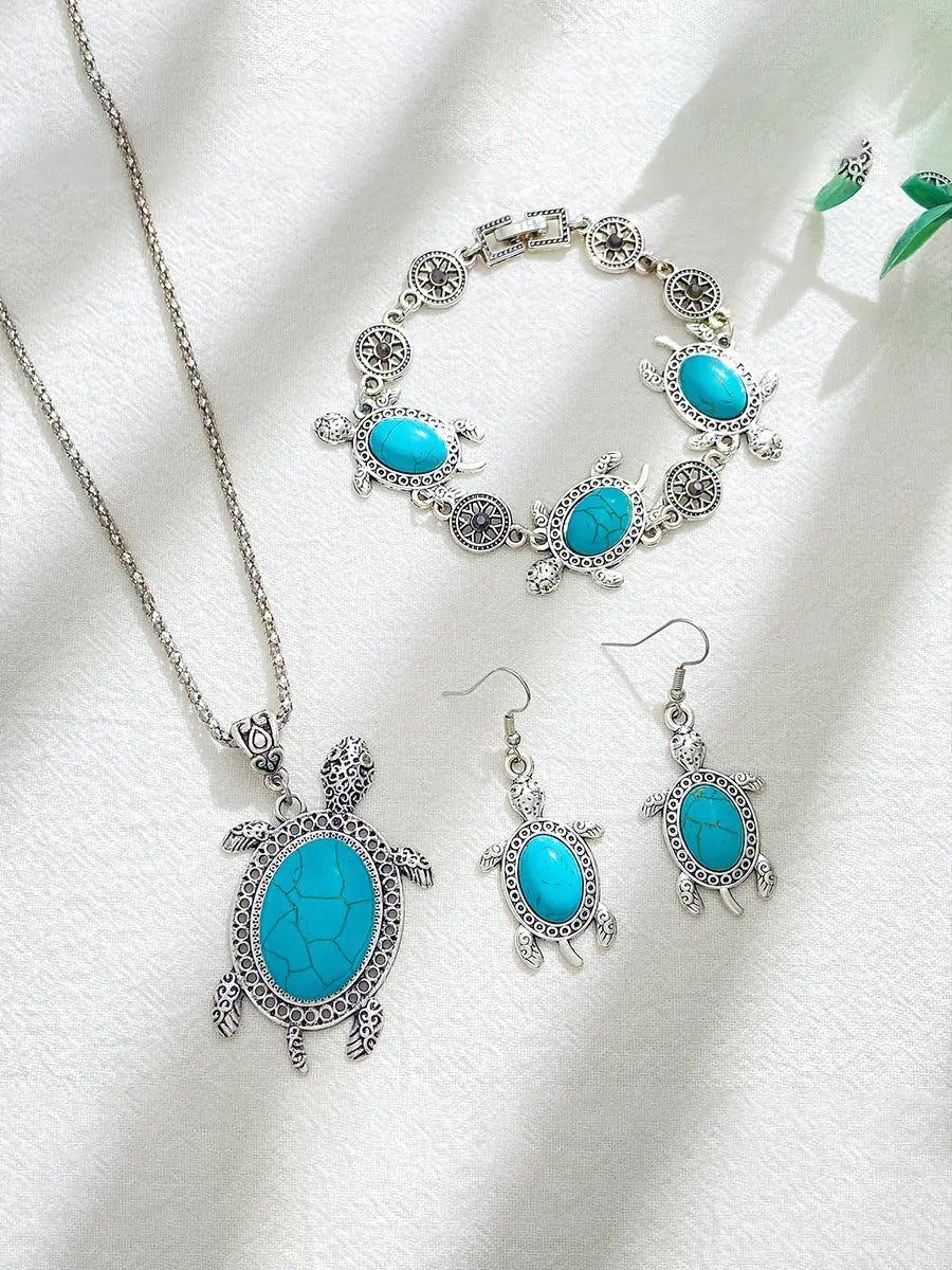 Damen Türkis Schildkröte Ohrringe Armband Halskette Dreiteiliges Set