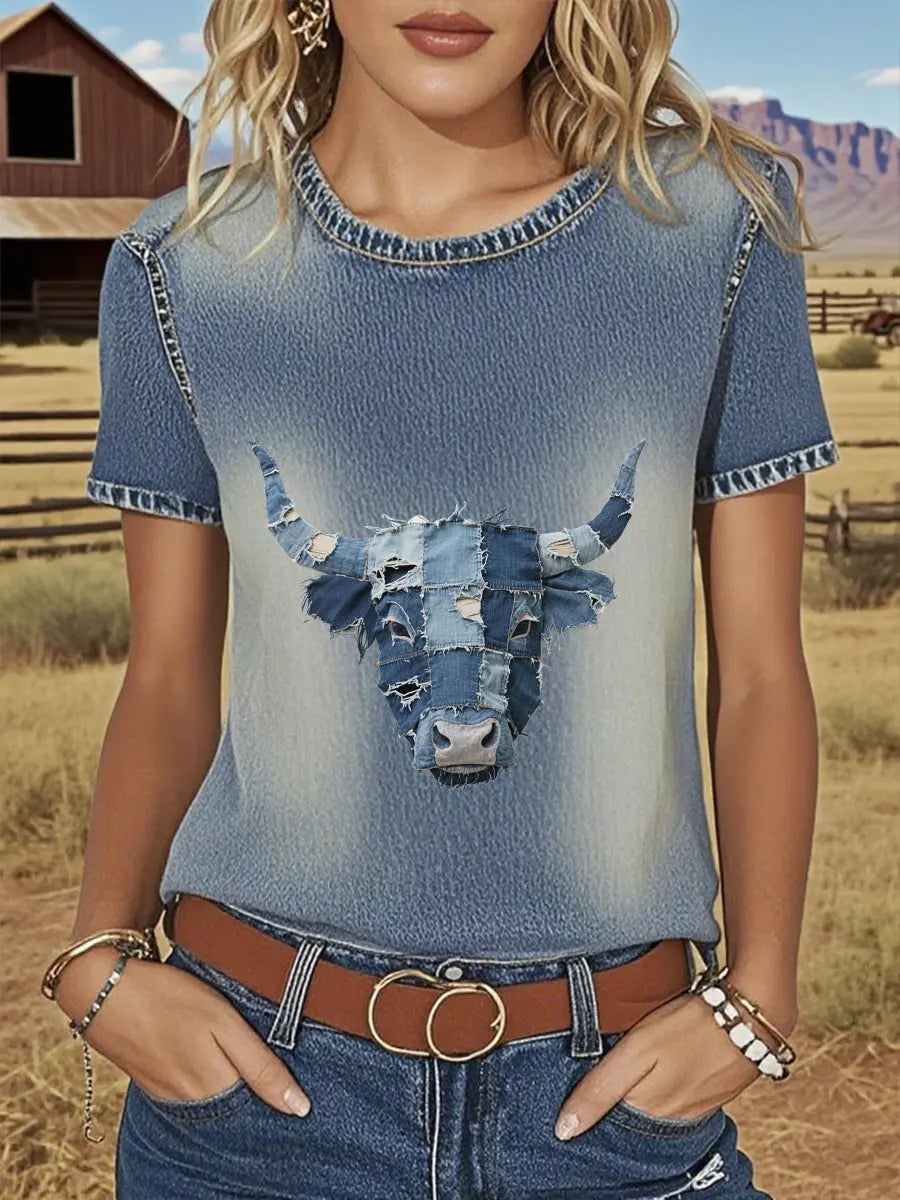 Frauen Denim Western Highland Cattle T-Shirt