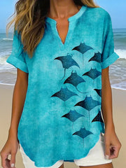 Damen Manta Strahlen Kunstdruck Leinen hemd