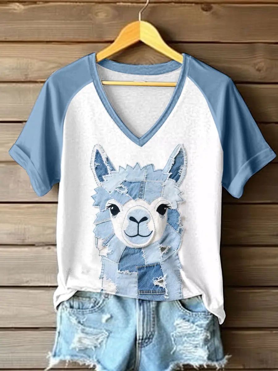 Frauen niedliches Alpaka-Muster Patchwork-Kunst V-Ausschnitt T-Shirt
