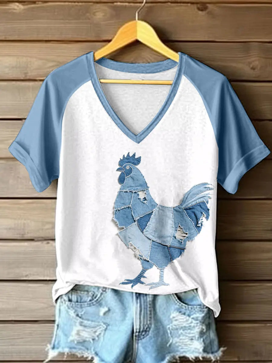 Frauen Bauernhof Hühner muster Patchwork Kunst V-Ausschnitt T-Shirt