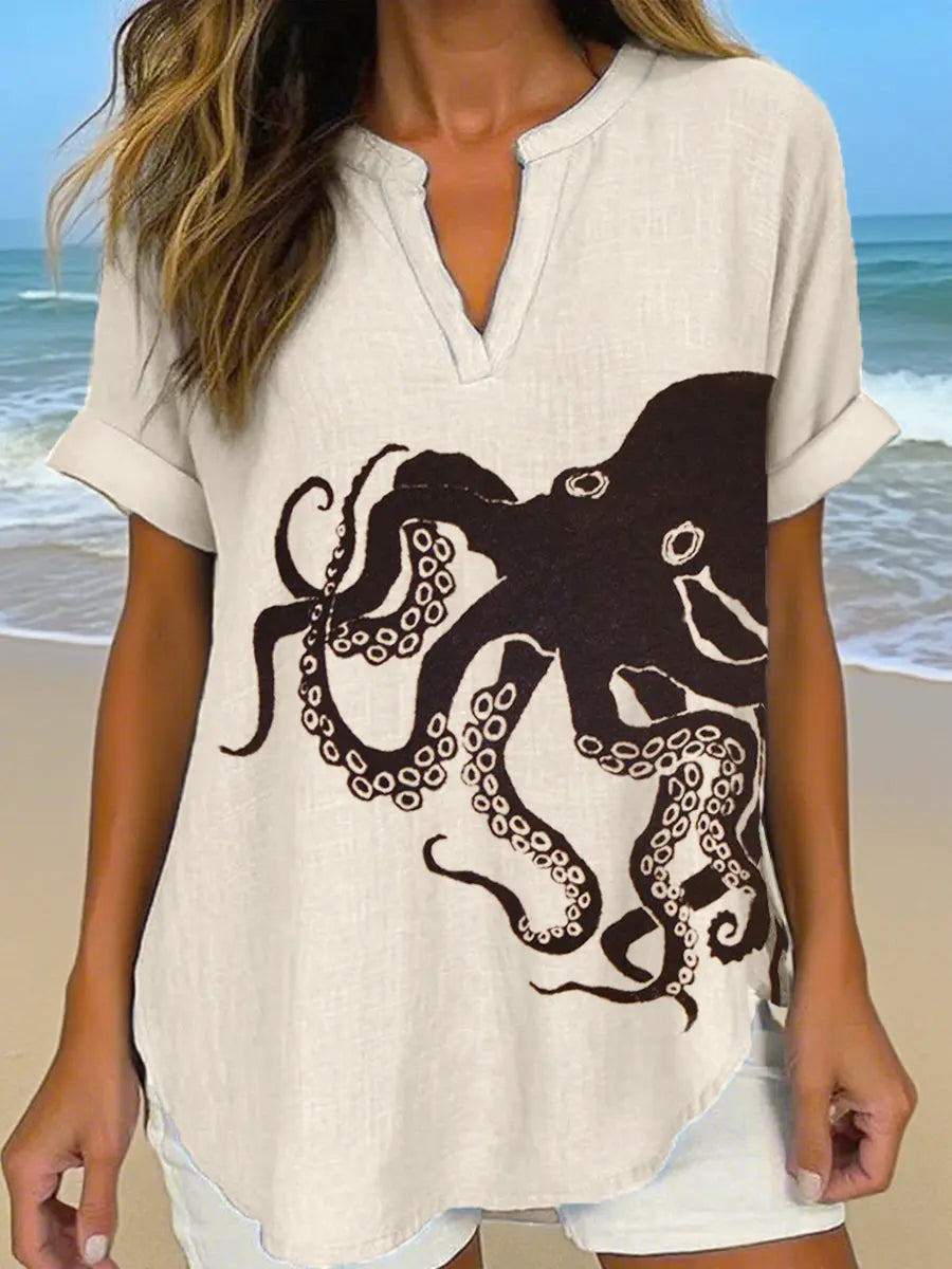 Damen Vintage Octopus Kunstdruck Leinen hemd