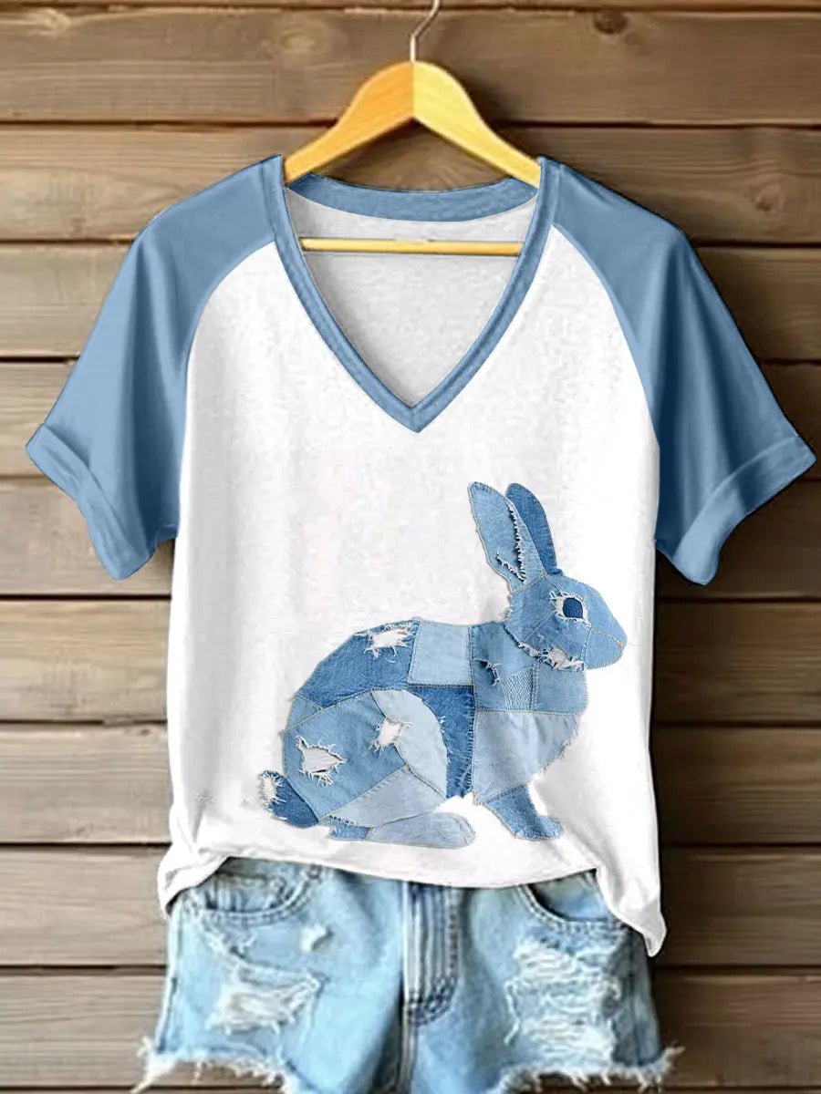 Frauen niedliches Häschen muster Patchwork-Kunst V-Ausschnitt T-Shirt