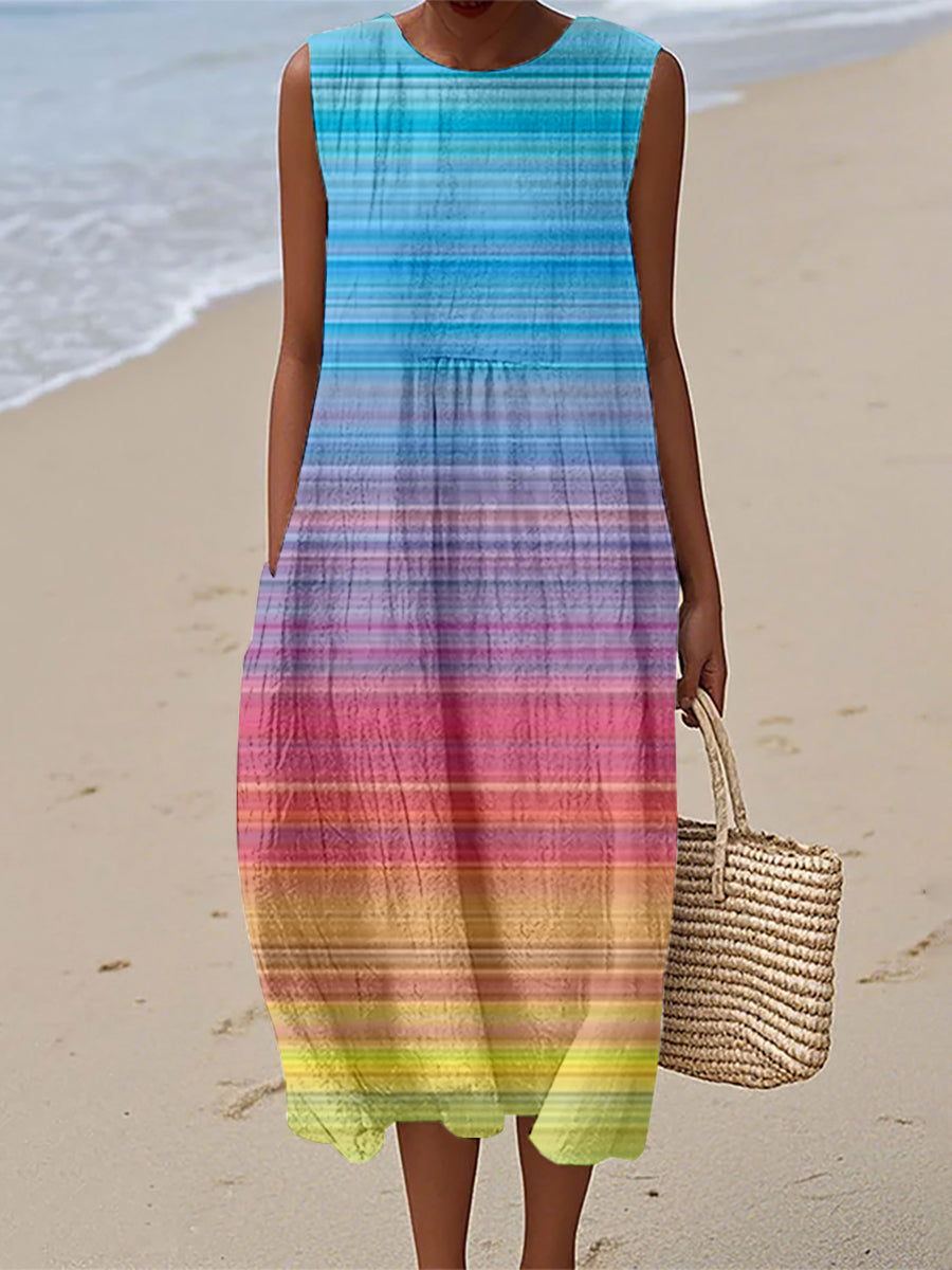 Damen bunt gestreiftes Leinen kleid