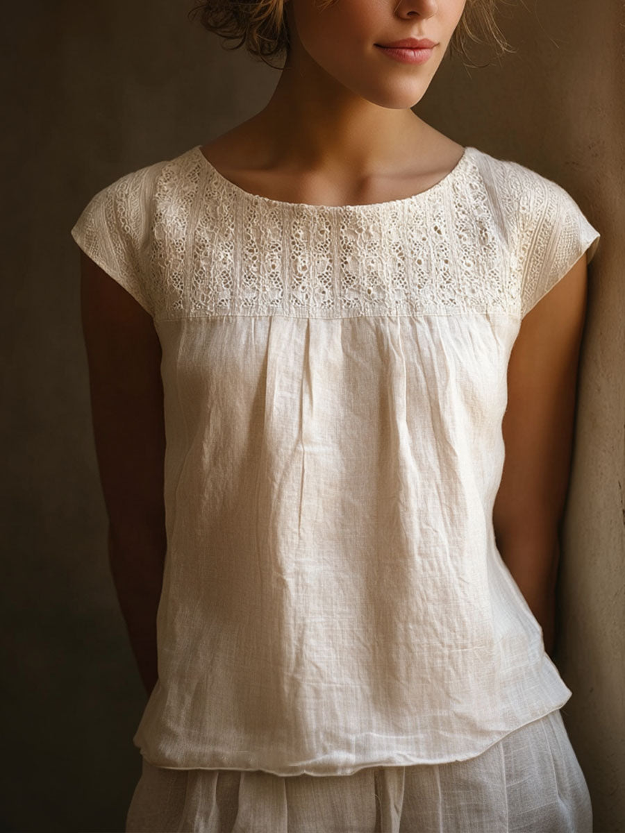 Damen-Vintage-Spitze-Patchwork-Leinen hemd