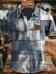 Herren Retro Cowboy Bull Head Patchwork Print Casual Kurzarm Top