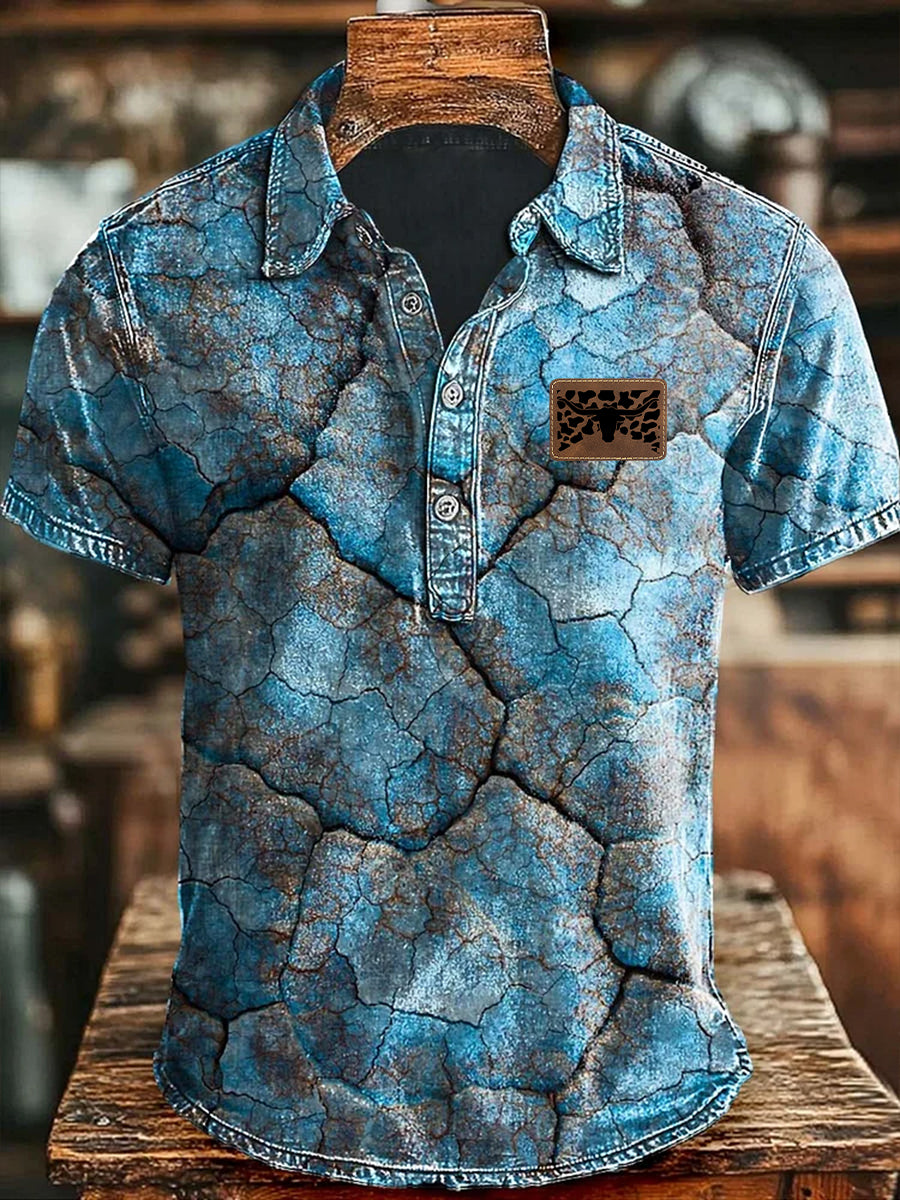 Herren-Retro-Cowboy-Patchwork-Stier-Kopf bedruck Lässiges Kurzarm-Oberteil