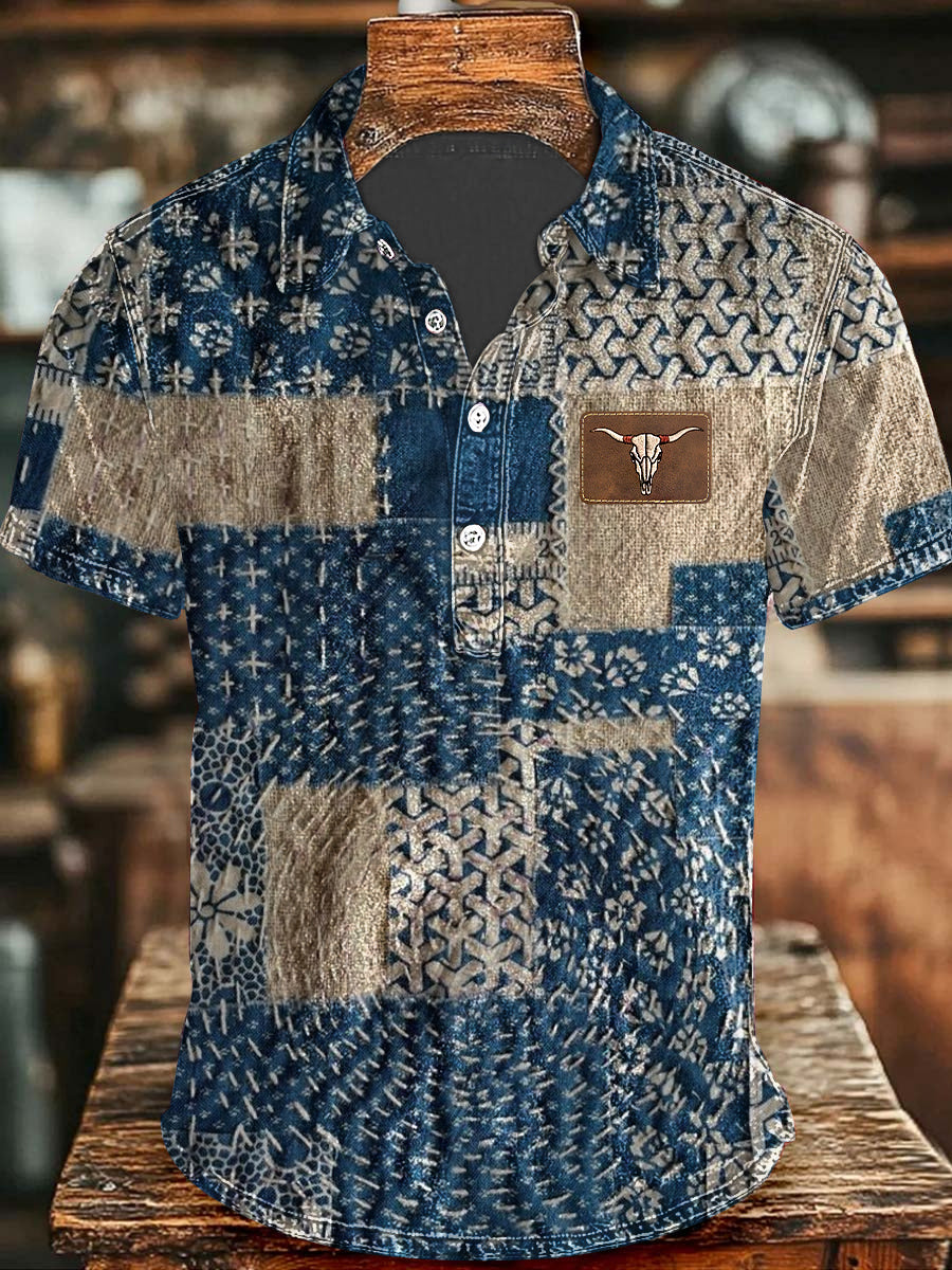 Herren-Retro-Cowboy-Patchwork-Stier-Kopf bedruck Lässiges Kurzarm-Oberteil