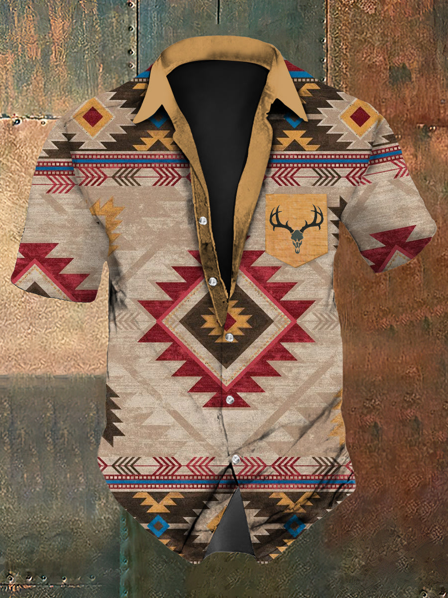 Herren Hirsch Schädel Western Grafik Kurzarm Hemd