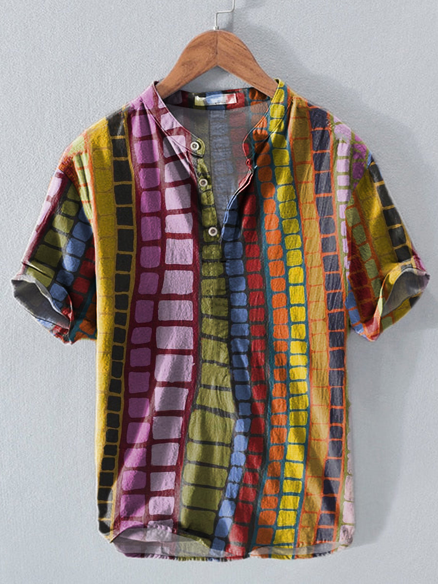 Männer Western Ethnic Stripe Print Button Kurzarm