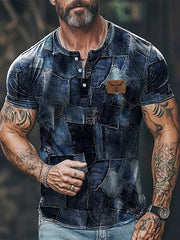 Herren Retro Cowboy Bull Head Patchwork Print Lässiges T-Shirt mit kurzen Ärmeln