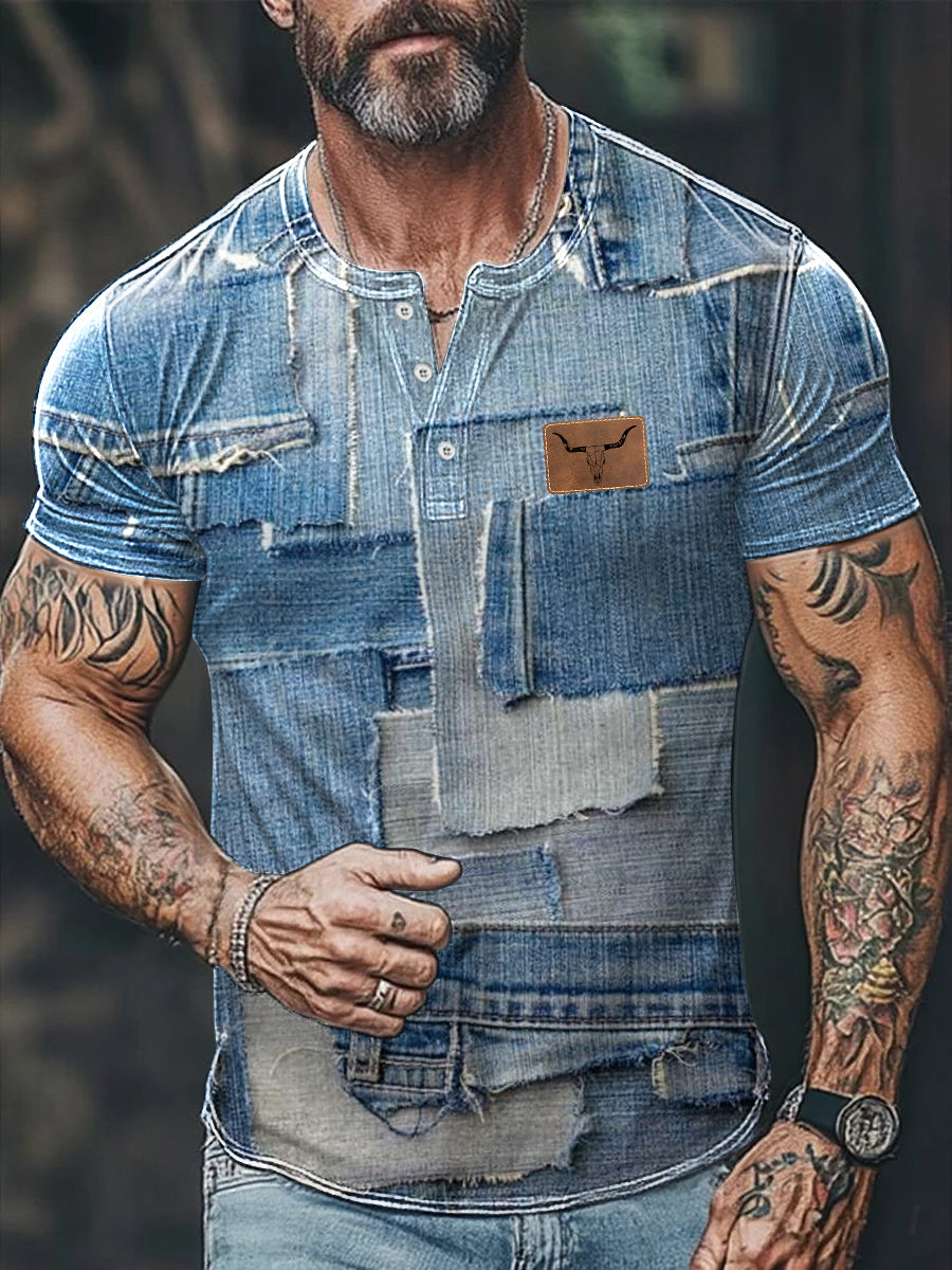 Herren Retro Cowboy Bull Head Patchwork Print Lässiges T-Shirt mit kurzen Ärmeln