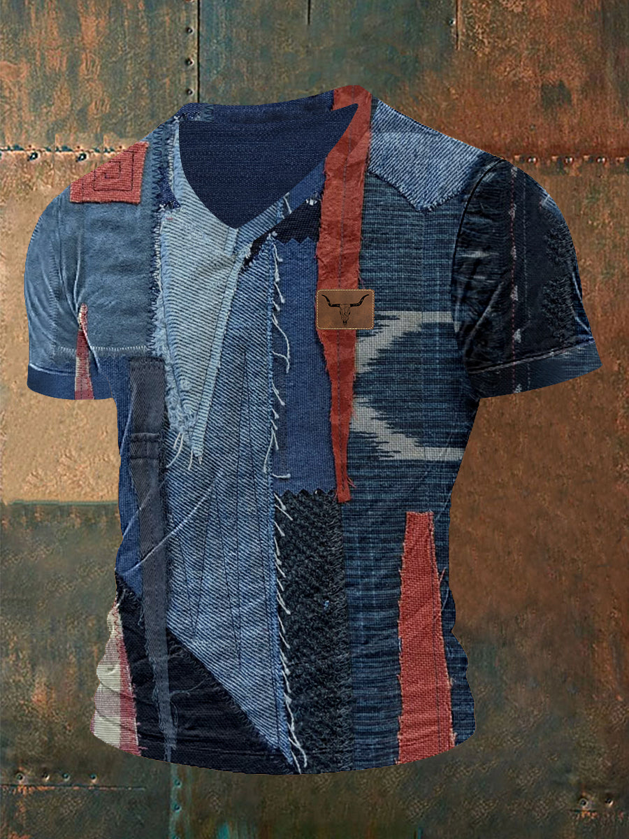 Retro Cowboy Bull Head Patchwork Print Herren Kurzarm T-Shirt mit V-Ausschnitt