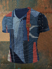 Retro Cowboy Bull Head Patchwork Print Herren Kurzarm T-Shirt mit V-Ausschnitt