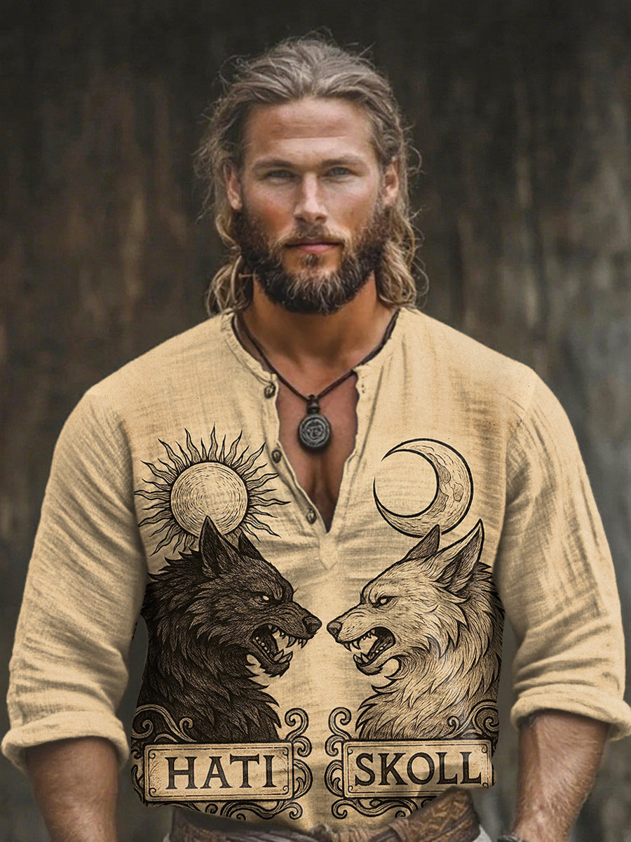 Herren-Wikinger-Mythologie Sköll & Hati-Langarm-Oberteil aus Baumwolle und Leinen