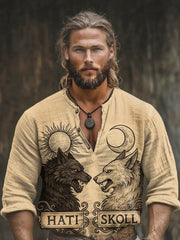 Herren-Wikinger-Mythologie Sköll & Hati-Langarm-Oberteil aus Baumwolle und Leinen