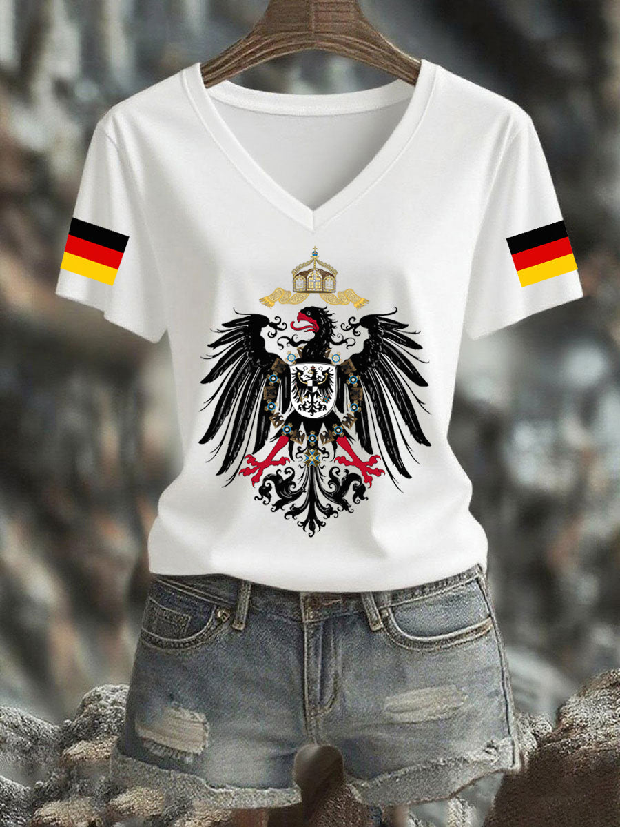 Damen Deutschland Bedrucktes T-Shirt mit V-Ausschnitt