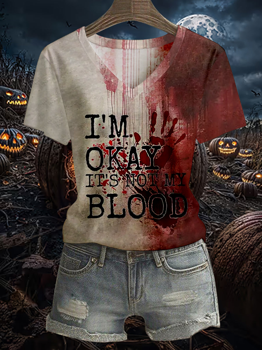 Frauen lustig Ich bin OK Blut beflecktes, lässiges Kurzarm-T-Shirt