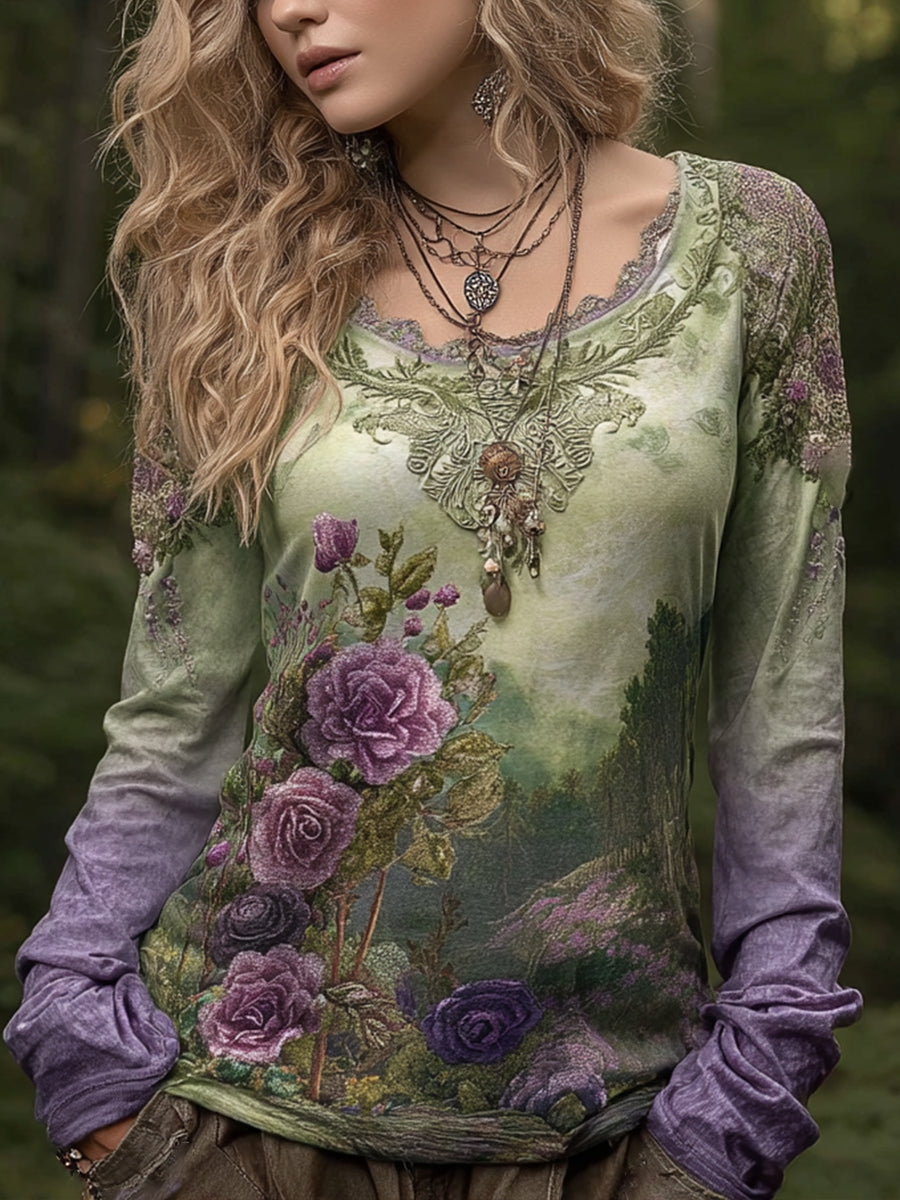 Damen Vintage Elegantes, mit Blumen besticktes Leinen hemd