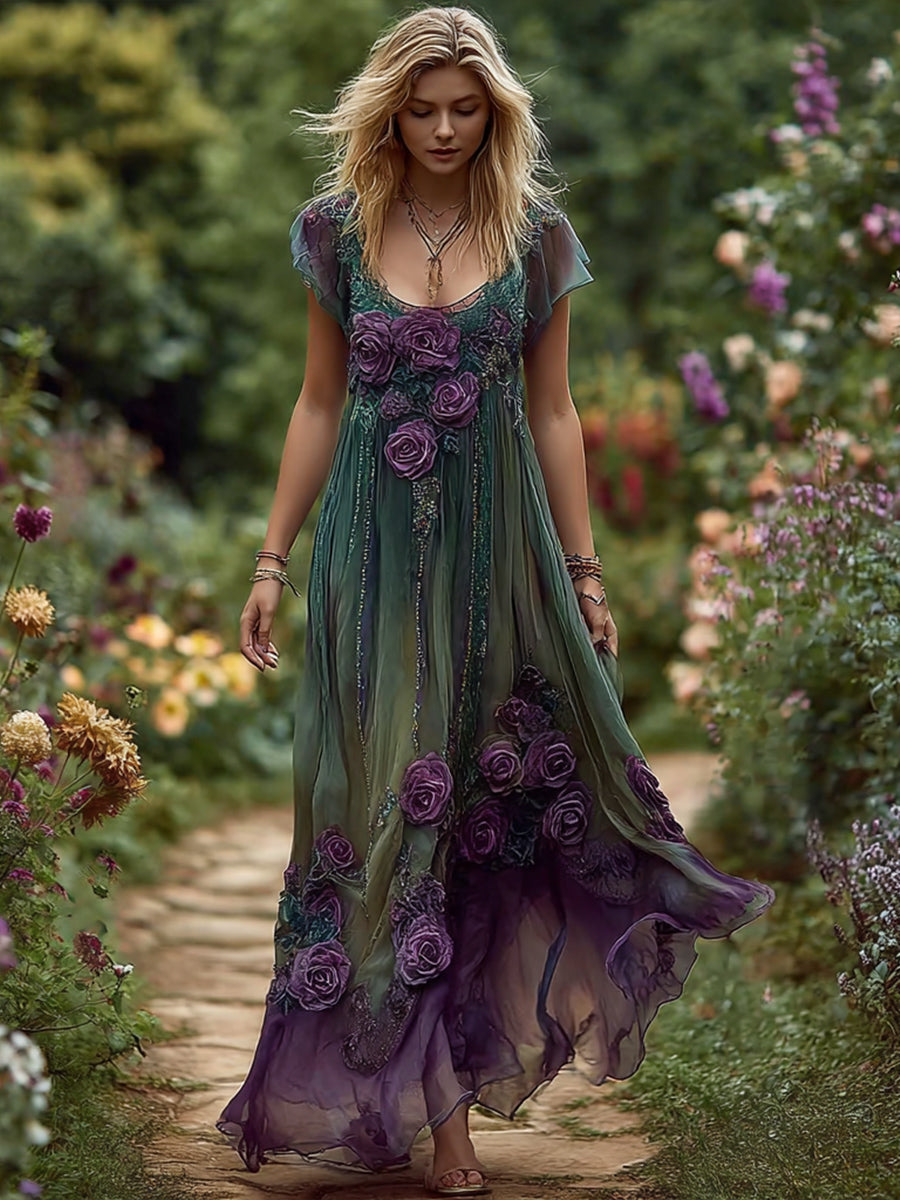 Frauen Elegantes, mit Blumen besticktes Maxi kleid aus Leinen