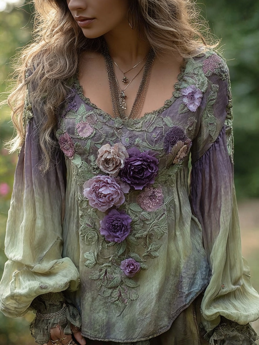 Elegantes, mit Blumen besticktes Leinen hemd für Damen